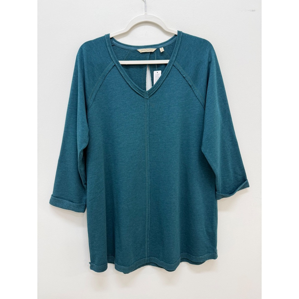 Soft Surroundings Top M Teal Blue V-Neck Key Hole Back French Terry Raw Edge